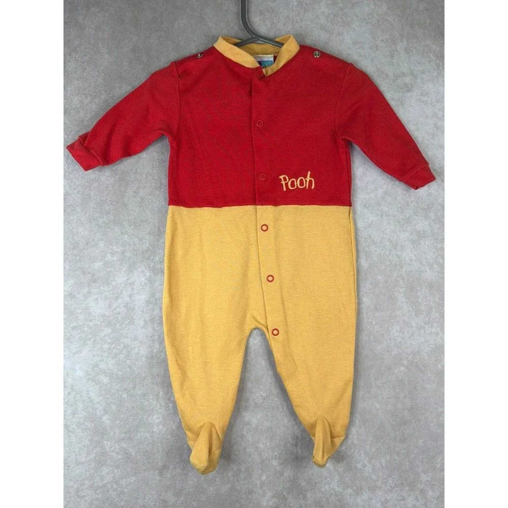 VTG‎ Y2K Disney Winnie the Pooh Footed Sleeper Unisex 3-6 Months Red Yellow Snap